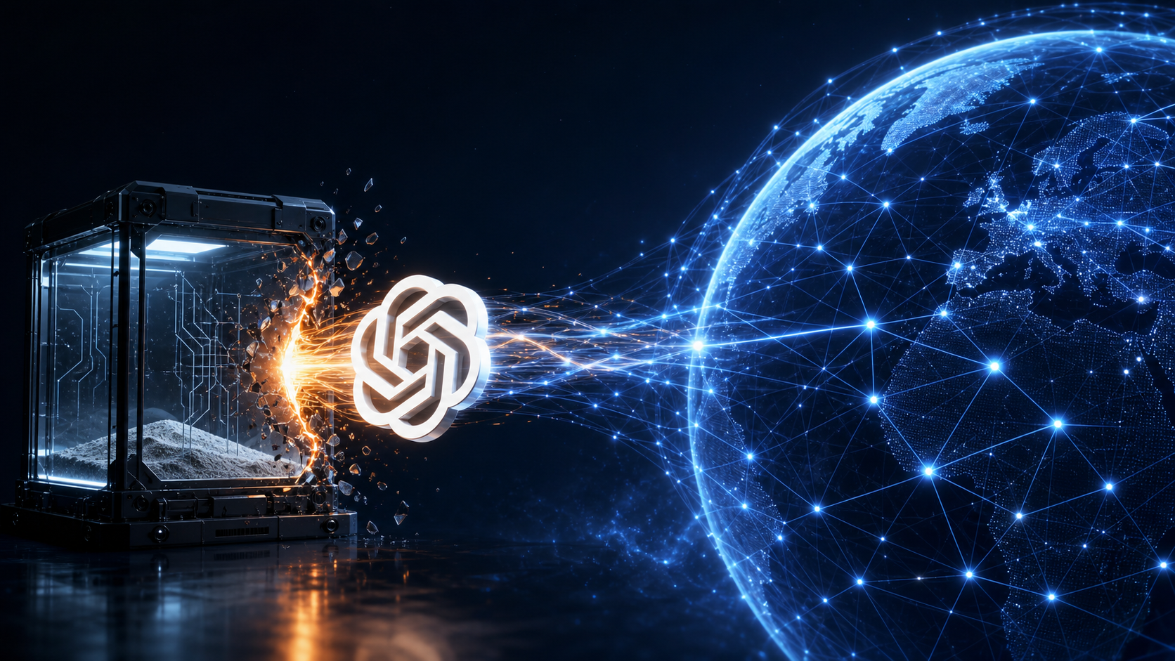 OpenAI emblem escaping from an isolated sandbox into a luminous global digital network